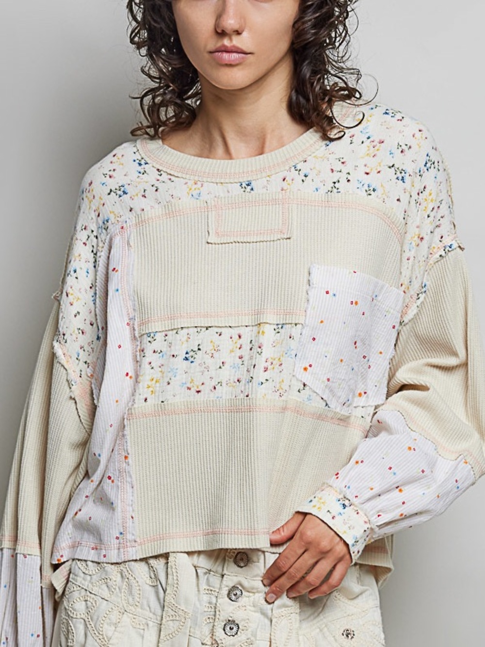 POL Patchwork Cream Floral Long-Sleeve Top